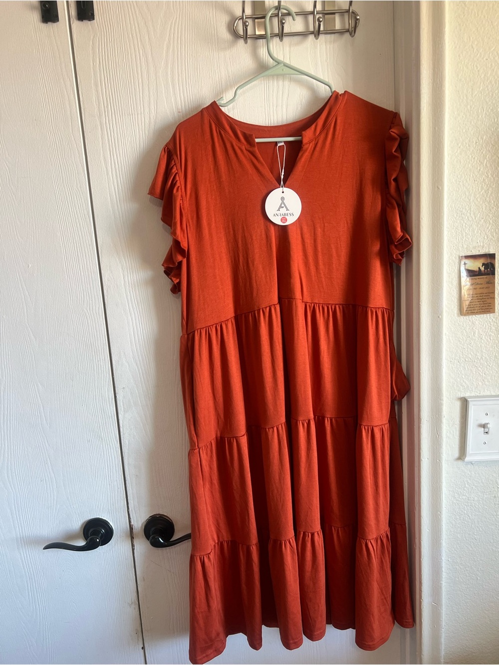 ANRABESS Women V-Neck Ruffle Sleeve Tiered Midi Dress Rust Flowy Size 2XL NWT
